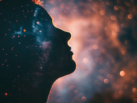 A silhouette of a persons profile against a cosmic background filled with stars and nebulae, symbolizing the connection between humanity and the universeの素材