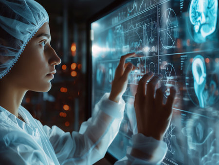 A scientist in protective gear interacts with a high-tech digital screen displaying complex data and medical images, symbolizing advanced research and technology in a laboratory settingの素材