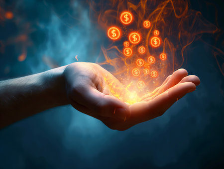 A hand holding glowing dollar symbols, representing financial success, wealth, and prosperity. The fiery effect adds a dynamic and powerful visual impact.の素材
