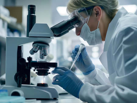 A scientist in a laboratory setting, wearing protective gear, uses a microscope and pipette for research. The image conveys precision, scientific research, and laboratory work.の素材