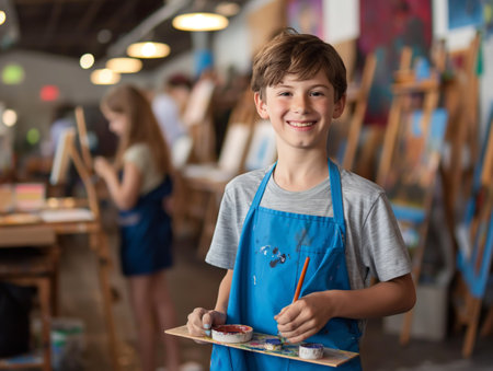 A cheerful young boy in a blue apron holds a paintbrush and palette, smiling in an art classroom. Other children are painting in the background, creating a lively and creative atmosphereの素材