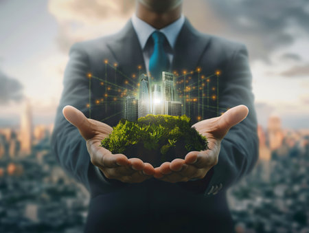 A businessman in a suit holds a miniature city with greenery in his hands, symbolizing sustainable urban development and eco-friendly architecture against a blurred cityscape backgroundの素材