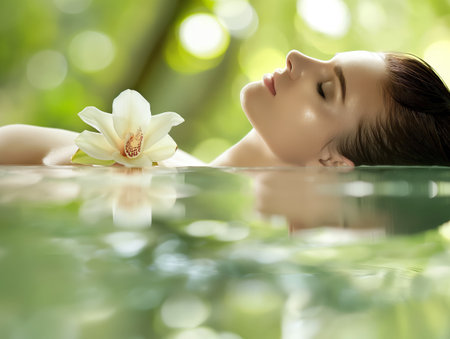 Serene image of a woman with closed eyes floating in water, adorned with a white orchid. The background is a lush, green bokeh, creating a peaceful and natural atmosphereの素材