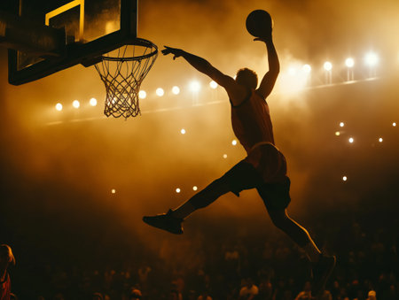 A basketball player captured mid-air while performing a slam dunk, with dramatic lighting and a smoky background, highlighting the intensity and excitement of the gameの素材