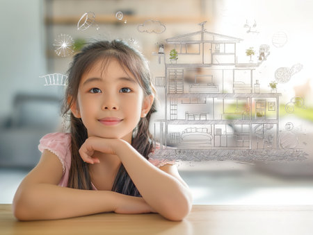 A young girl with a thoughtful expression sits at a table, imagining her future home. Behind her, a transparent sketch of a house with various rooms and details symbolizes her dreams and aspirationsの素材