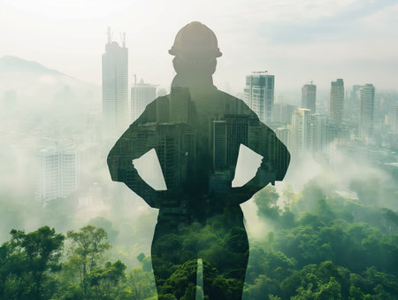 Silhouette of a person in a hard hat superimposed over a cityscape and lush greenery, symbolizing the balance between urban development and environmental sustainabilityの素材