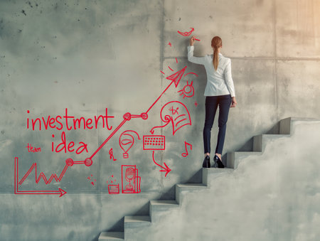 A businesswoman in a white blazer and black pants stands on stairs, drawing investment ideas and graphs on a concrete wall. Concept of business growth, creativity, and innovationの素材