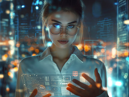 A young woman in glasses interacts with a digital tablet in a futuristic cityscape, symbolizing technology, innovation, and the digital ageの素材