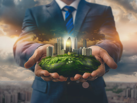 A businessman in a suit holds a miniature city with skyscrapers and greenery in his hands, symbolizing urban development, sustainability, and the power of business to shape the futureの素材