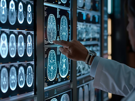 A doctor examines brain scans on a digital screen, highlighting the importance of medical technology in diagnosing neurological conditionsの素材
