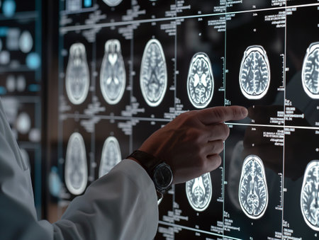 A doctor points at brain scan images on a digital screen, highlighting medical analysis and neurological research. The image emphasizes healthcare, technology, and professional expertise.の素材