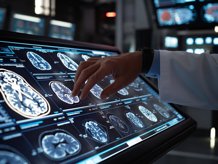 A doctor in a lab coat examines detailed brain scans on a large digital touchscreen in a high-tech medical facility, highlighting advanced medical technology and neurological researchの素材