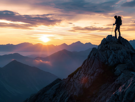 A lone hiker stands on a rocky mountain peak, silhouetted against a stunning sunrise. The scene captures the essence of adventure, exploration, and the beauty of nature.の素材