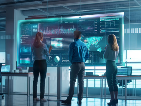 A group of professionals analyzing data on a large digital screen in a modern office. The image represents teamwork, data analysis, and technology in a corporate environmentの素材
