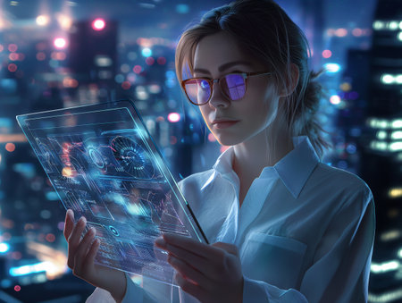 A woman in glasses interacts with a transparent digital tablet against a backdrop of a vibrant, illuminated cityscape at night, symbolizing advanced technology and modern urban lifeの素材