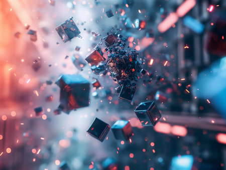 Dynamic abstract image of floating cubes in a vibrant, colorful environment. The scene is filled with motion and energy, creating a futuristic and technological atmosphereの素材
