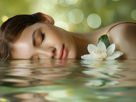 A serene woman with closed eyes rests her head on water, accompanied by a white lotus flower. The tranquil scene evokes peace, relaxation, and natural beauty.の素材