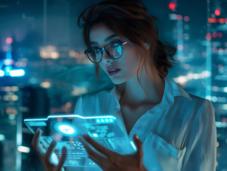 A young woman in glasses interacts with a glowing holographic interface against a cityscape backdrop at night, symbolizing advanced technology and innovationの素材