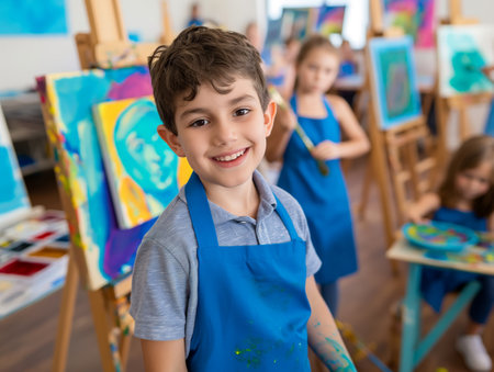 A cheerful young boy in a blue apron smiles at the camera while painting in an art class. Other children are engaged in creative activities in the background, showcasing a livelyの素材
