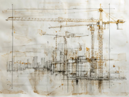 Detailed architectural blueprint showcasing cranes and buildings in an urban construction site. Conceptual illustration highlighting the planning and development of modern city infrastructureの素材
