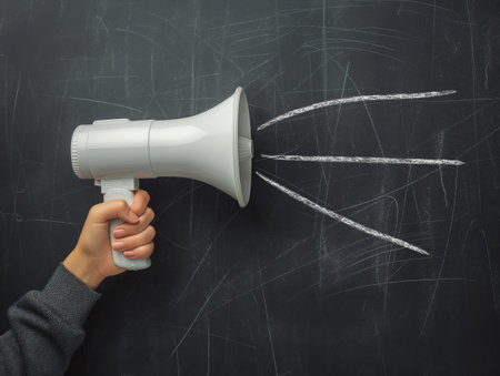 A hand holding a white megaphone against a chalkboard background with chalk lines representing sound waves, symbolizing communication and announcementの素材