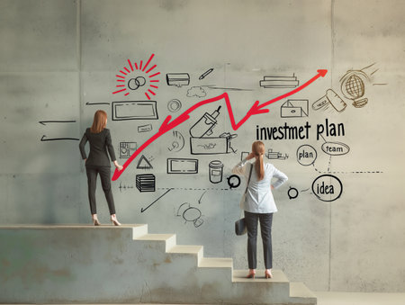 Two businesswomen stand in front of a wall with a drawn investment plan, analyzing and strategizing for future growth. Concept of business planning, teamwork, and financial successの素材
