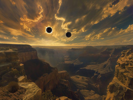 A breathtaking view of the Grand Canyon during a surreal solar eclipse. The dramatic sky and celestial event create a mystical atmosphere, blending natural beauty with cosmic wonderの素材