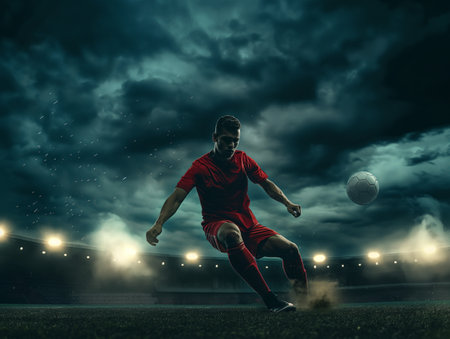 A soccer player in a red uniform kicks a ball on a dark, stormy night in a stadium. The dramatic lighting and intense atmosphere highlight the action and determination of the athleteの素材