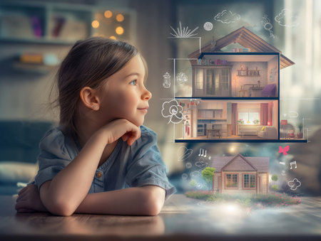 A young girl imagines her dream house, visualized with a detailed cutaway of a cozy home. The image captures childhood imagination and the concept of home and family.の素材