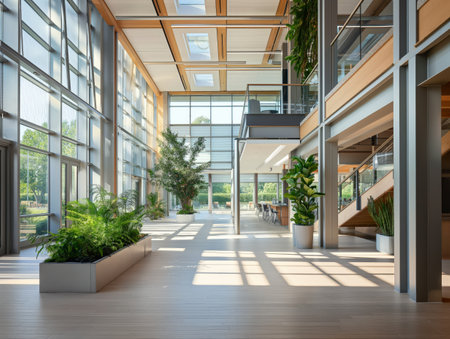 Spacious modern office atrium with large windows, abundant natural light, and indoor plants. Open, airy design with wooden accents and greenery creating a welcoming and eco-friendly environmentの素材
