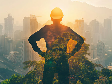 Silhouette of a construction worker with a double exposure effect, blending urban skyscrapers and lush green trees, symbolizing the harmony between urban development and nature conservationの素材