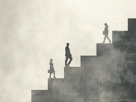 Silhouettes of business people ascending stairs, symbolizing career growth, ambition, and progress. Minimalistic design with a textured background, emphasizing the journey towards successの素材