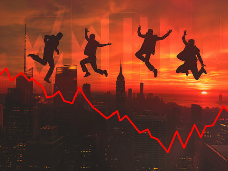 Silhouettes of business people jumping against a cityscape at sunset with a red financial graph overlay, symbolizing success and growthの素材