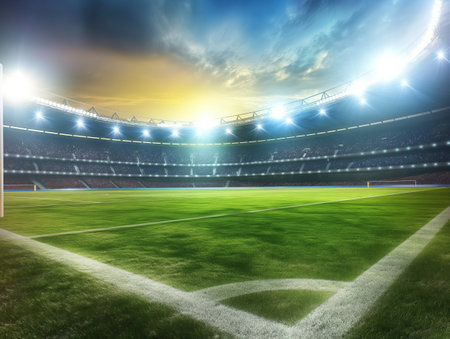 A vibrant football stadium under bright lights with a lush green field, captured at sunset. The empty stands and dramatic sky create a sense of anticipation and excitement.の素材