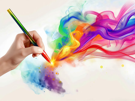 A hand holding a pen creates a vibrant, colorful abstract design. The image symbolizes creativity, imagination, and artistic expression.の素材