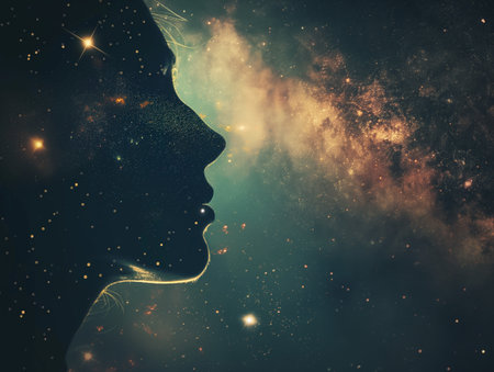 A silhouette of a womans profile blends seamlessly with a starry night sky, symbolizing the connection between humanity and the universe. The image evokes a sense of wonder and cosmic mysteryの素材