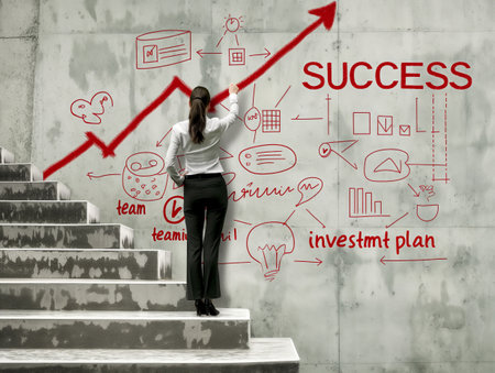 A businesswoman stands on stairs, drawing a red upward arrow and various business-related icons on a concrete wall, symbolizing growth, success, and strategic planningの素材