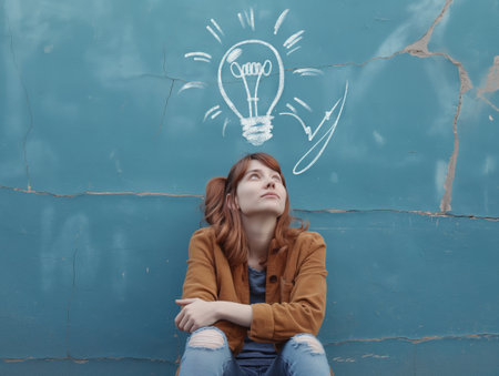 Young woman sitting against a blue wall with a drawn light bulb above her head, symbolizing a creative idea or inspirationの素材