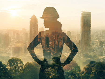 Double exposure of a womans silhouette with a cityscape and nature, symbolizing urban life and environmental harmonyの素材