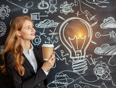 A young businesswoman holding a coffee cup stands in front of a chalkboard filled with creative doodles and a glowing lightbulb, symbolizing innovation and ideasの素材