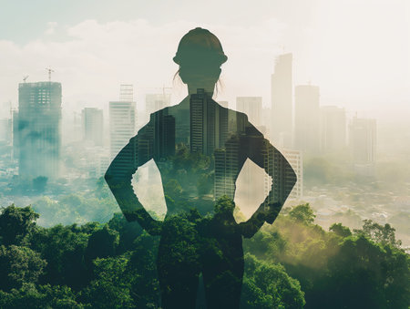 Double exposure image of a female engineer with hands on hips, overlaid with a cityscape and greenery, symbolizing urban development and environmental sustainabilityの素材