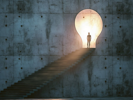 A silhouette of a man stands in a light bulb-shaped doorway at the top of a staircase, symbolizing enlightenment, creativity, and new ideas against a concrete wall backgroundの素材