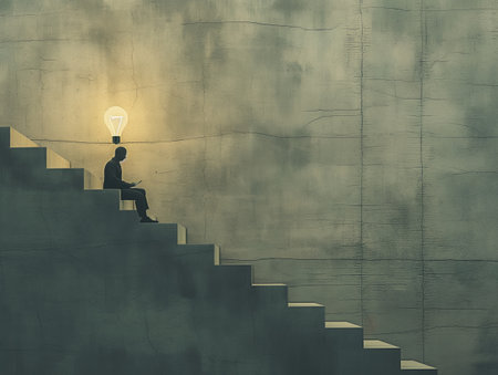 Conceptual image of a man sitting on stairs with a light bulb above his head, symbolizing an idea or inspiration. The background is a textured wall, creating a minimalist and thought-provoking sceneの素材
