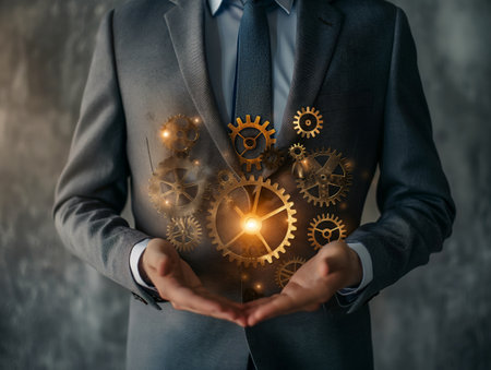 A businessman in a suit holds glowing gears, symbolizing innovation, teamwork, and business strategy. The image conveys concepts of technology, leadership, and corporate success.の素材