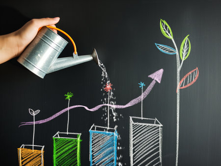 Hand holding a watering can, pouring water on chalk-drawn plants and bar graphs on a blackboard, symbolizing growth, development, and successの素材