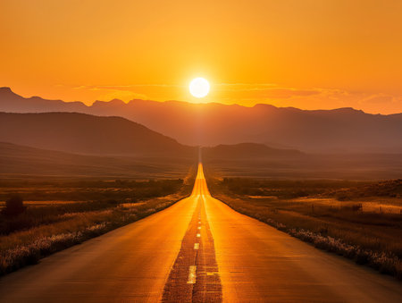A long, straight road leading towards distant mountains under a vibrant sunset sky. The golden light reflects off the road, creating a warm and inviting atmosphereの素材