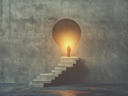 A man stands at the top of stairs leading to a light bulb-shaped doorway, symbolizing creativity, innovation, and new ideasの素材