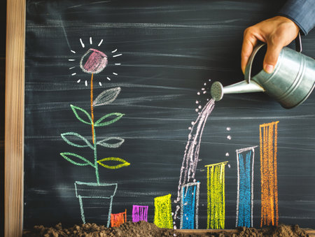 Hand watering chalk-drawn flower and bar graph on blackboard, symbolizing growth, development, and success in business and educationの素材