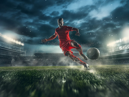 Dynamic shot of a soccer player in red uniform kicking a ball on a wet field under stadium lights during a rainy night, capturing the intensity and action of the sportの素材