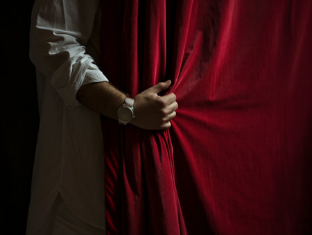 A person in a white shirt holds a red curtain, partially revealing a dark background. The image conveys mystery, anticipation, and elegance.の素材